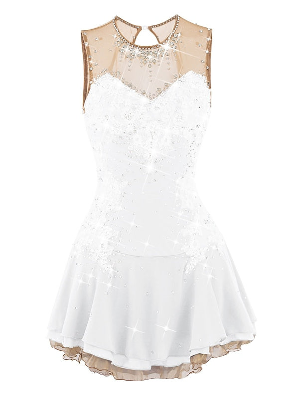 Robe de Patinage Artistique pour Femmes et Filles, Robe de Patinage Sur Glace, Dos Ouvert, Élasthanne, Maille Fleurie, Strass, Sans Manches, Vêtements de Danse Sur Glace