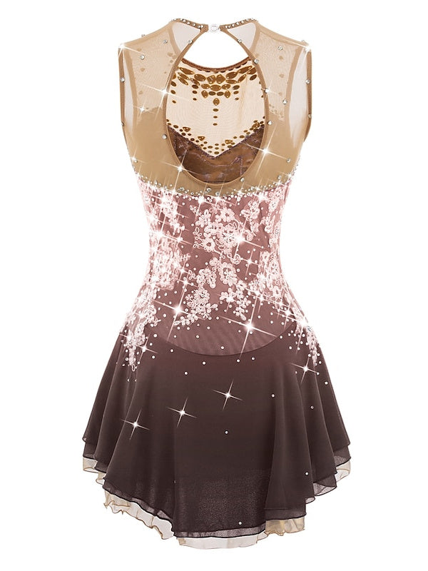 Robe de Patinage Artistique pour Femmes et Filles, Robe de Patinage Sur Glace, Dos Ouvert, Élasthanne, Maille Fleurie, Strass, Sans Manches, Vêtements de Danse Sur Glace