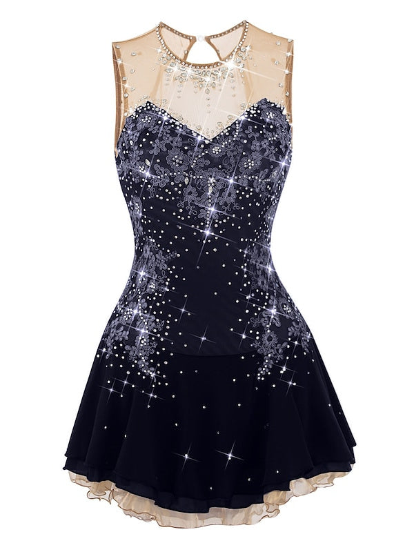 Robe de Patinage Artistique pour Femmes et Filles, Robe de Patinage Sur Glace, Dos Ouvert, Élasthanne, Maille Fleurie, Strass, Sans Manches, Vêtements de Danse Sur Glace
