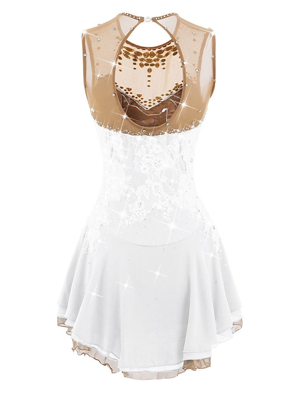 Robe de Patinage Artistique pour Femmes et Filles, Robe de Patinage Sur Glace, Dos Ouvert, Élasthanne, Maille Fleurie, Strass, Sans Manches, Vêtements de Danse Sur Glace