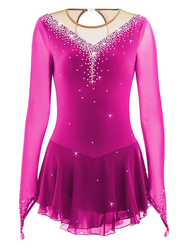 Robe de Patinage Artistique pour Femmes et Filles, Robe de Patinage Sur Glace en Maille Patchwork avec Strass, Robe de Patinage Sur Glace à Haute Élasticité