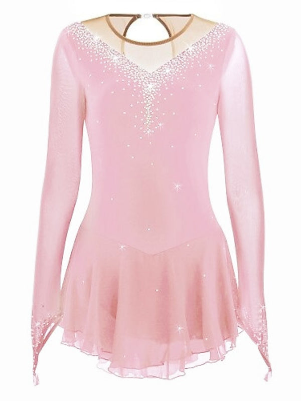 Robe de Patinage Artistique pour Femmes et Filles, Robe de Patinage Sur Glace en Maille Patchwork avec Strass, Robe de Patinage Sur Glace à Haute Élasticité