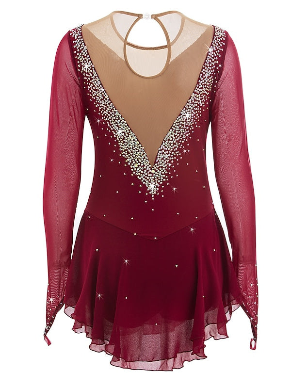 Robe de Patinage Artistique pour Femmes et Filles, Robe de Patinage Sur Glace en Maille Patchwork avec Strass, Robe de Patinage Sur Glace à Haute Élasticité