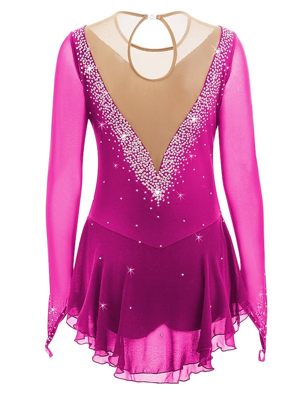 Robe de Patinage Artistique pour Femmes et Filles, Robe de Patinage Sur Glace en Maille Patchwork avec Strass, Robe de Patinage Sur Glace à Haute Élasticité