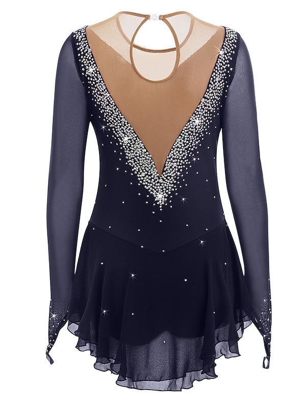 Robe de Patinage Artistique pour Femmes et Filles, Robe de Patinage Sur Glace en Maille Patchwork avec Strass, Robe de Patinage Sur Glace à Haute Élasticité