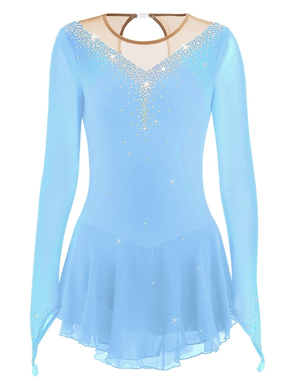 Robe de Patinage Artistique pour Femmes et Filles, Robe de Patinage Sur Glace en Maille Patchwork avec Strass, Robe de Patinage Sur Glace à Haute Élasticité