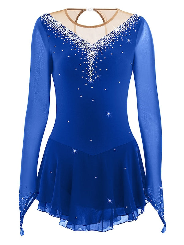 Robe de Patinage Artistique pour Femmes et Filles, Robe de Patinage Sur Glace en Maille Patchwork avec Strass, Robe de Patinage Sur Glace à Haute Élasticité