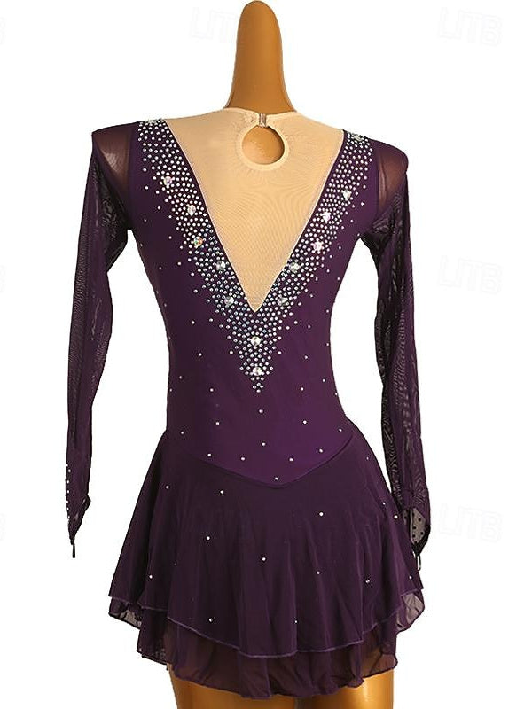Robe de Patinage Artistique pour Femmes et Filles, Robe de Patinage Sur Glace en Maille Patchwork avec Strass, Robe de Patinage Sur Glace à Haute Élasticité