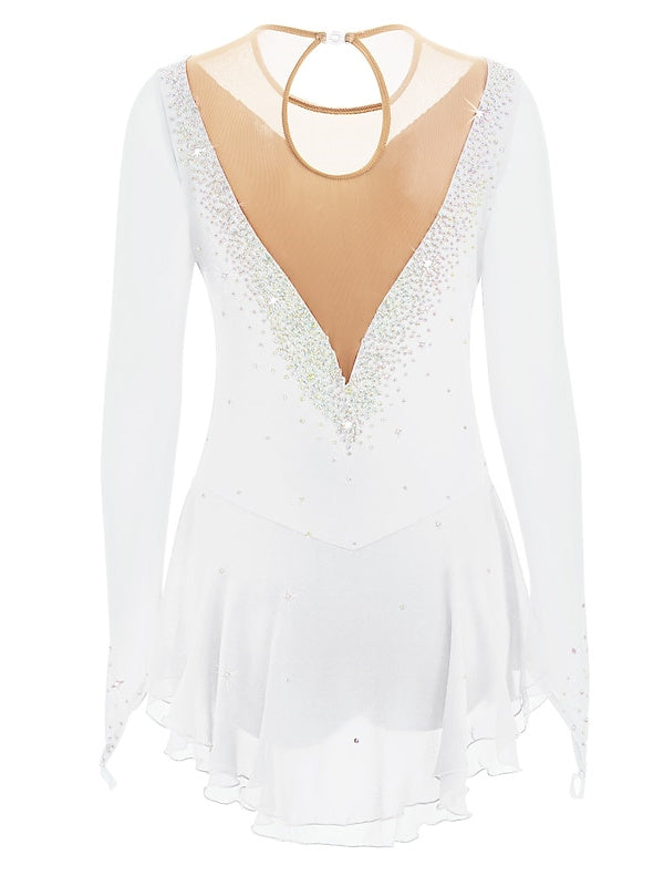 Robe de Patinage Artistique pour Femmes et Filles, Robe de Patinage Sur Glace en Maille Patchwork avec Strass, Robe de Patinage Sur Glace à Haute Élasticité