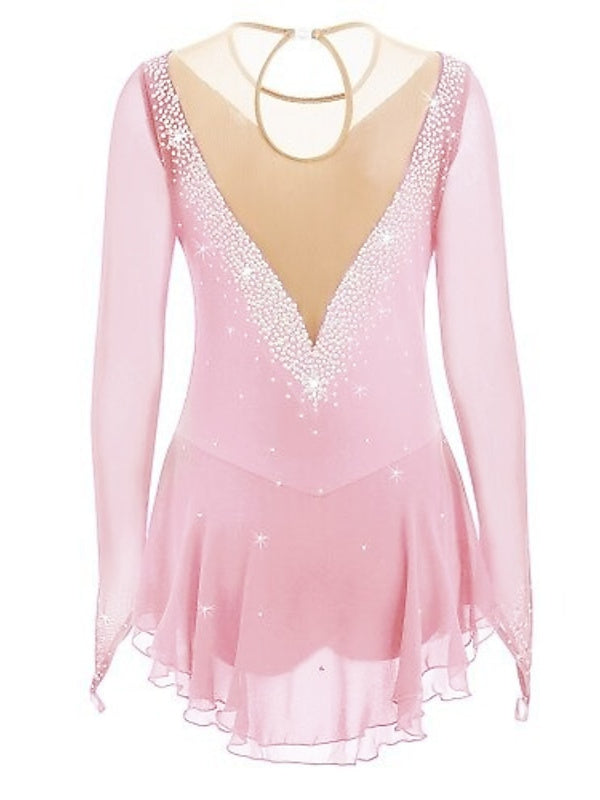 Robe de Patinage Artistique pour Femmes et Filles, Robe de Patinage Sur Glace en Maille Patchwork avec Strass, Robe de Patinage Sur Glace à Haute Élasticité