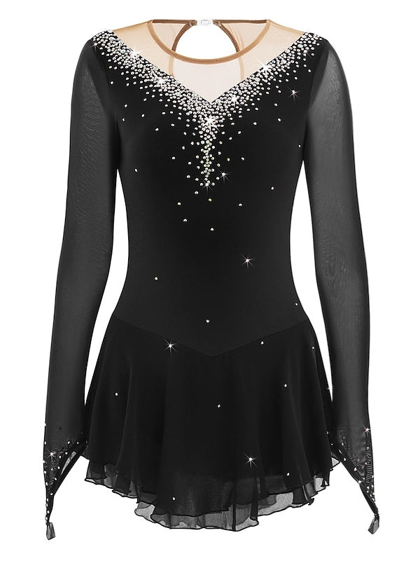 Robe de Patinage Artistique pour Femmes et Filles, Robe de Patinage Sur Glace en Maille Patchwork avec Strass, Robe de Patinage Sur Glace à Haute Élasticité