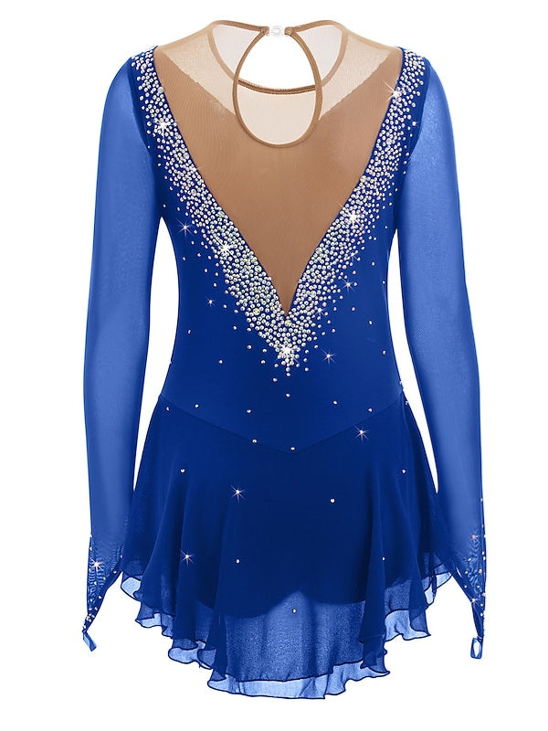 Robe de Patinage Artistique pour Femmes et Filles, Robe de Patinage Sur Glace en Maille Patchwork avec Strass, Robe de Patinage Sur Glace à Haute Élasticité