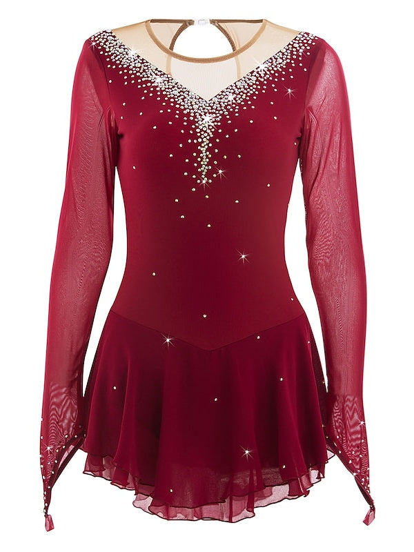 Robe de Patinage Artistique pour Femmes et Filles, Robe de Patinage Sur Glace en Maille Patchwork avec Strass, Robe de Patinage Sur Glace à Haute Élasticité