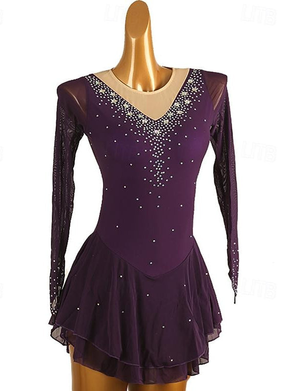 Robe de Patinage Artistique pour Femmes et Filles, Robe de Patinage Sur Glace en Maille Patchwork avec Strass, Robe de Patinage Sur Glace à Haute Élasticité
