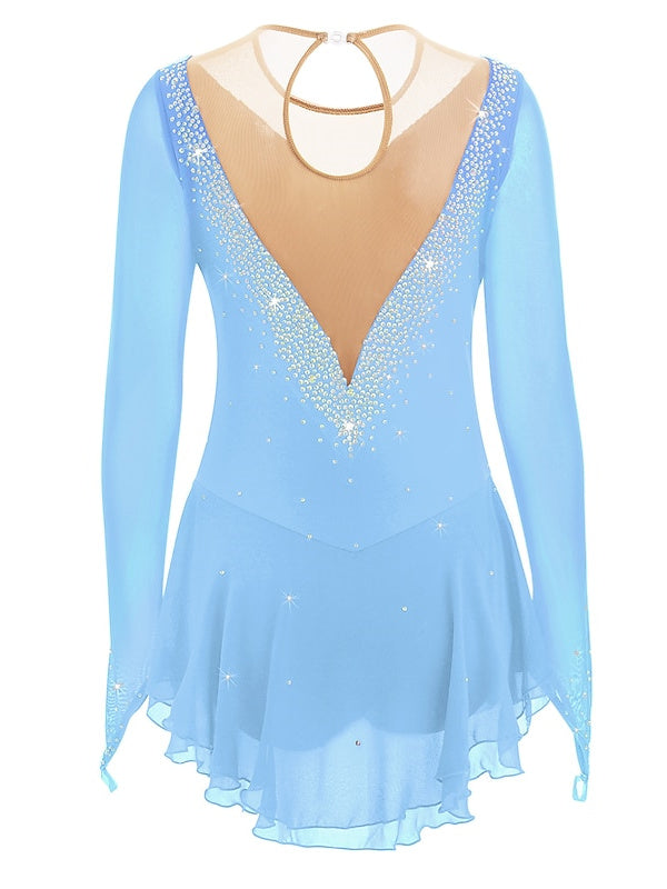 Robe de Patinage Artistique pour Femmes et Filles, Robe de Patinage Sur Glace en Maille Patchwork avec Strass, Robe de Patinage Sur Glace à Haute Élasticité