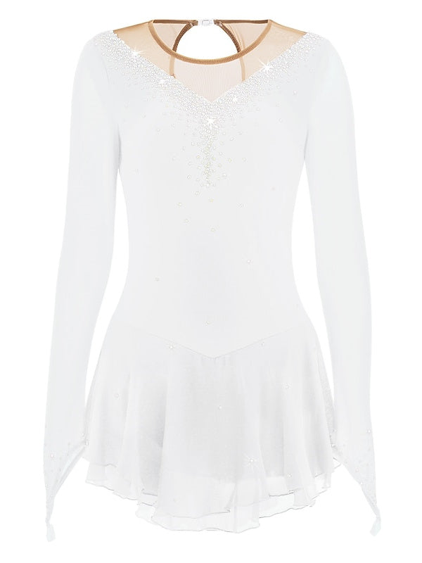 Robe de Patinage Artistique pour Femmes et Filles, Robe de Patinage Sur Glace en Maille Patchwork avec Strass, Robe de Patinage Sur Glace à Haute Élasticité