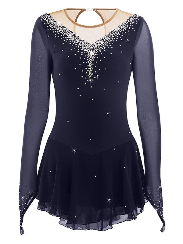 Robe de Patinage Artistique pour Femmes et Filles, Robe de Patinage Sur Glace en Maille Patchwork avec Strass, Robe de Patinage Sur Glace à Haute Élasticité