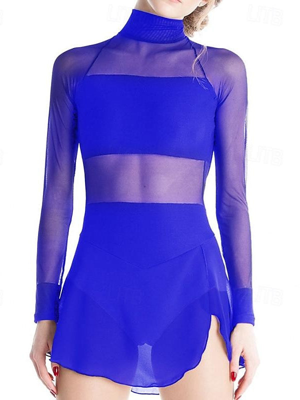 Robe de Patinage Artistique Vêtements de Danse Robe de Patinage Sur Glace à Manches Longues en Maille Élasthanne pour Femmes et Filles