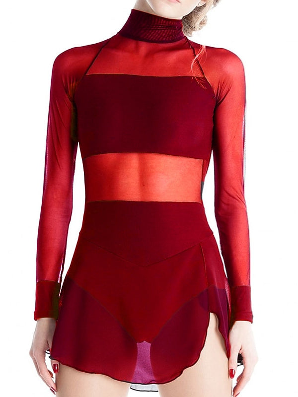 Robe de Patinage Artistique Vêtements de Danse Robe de Patinage Sur Glace à Manches Longues en Maille Élasthanne pour Femmes et Filles
