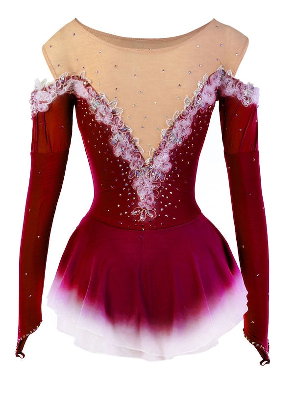 Robe de Patinage Artistique pour Femmes et Filles, Vêtements de Danse à Haute Élasticité, Robe de Patinage Sur Glace à Manches Longues
