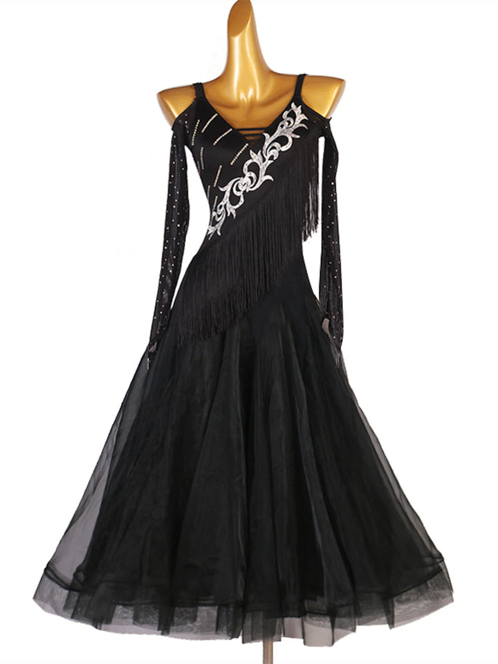 Robe de Danse de Salon à Pampilles et Cristaux/Strass pour Femme, Manches Longues, Haut en Chinlon, Organza, Tulle