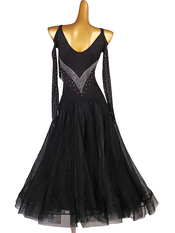 Robe de Danse de Salon à Pampilles et Cristaux/Strass pour Femme, Manches Longues, Haut en Chinlon, Organza, Tulle