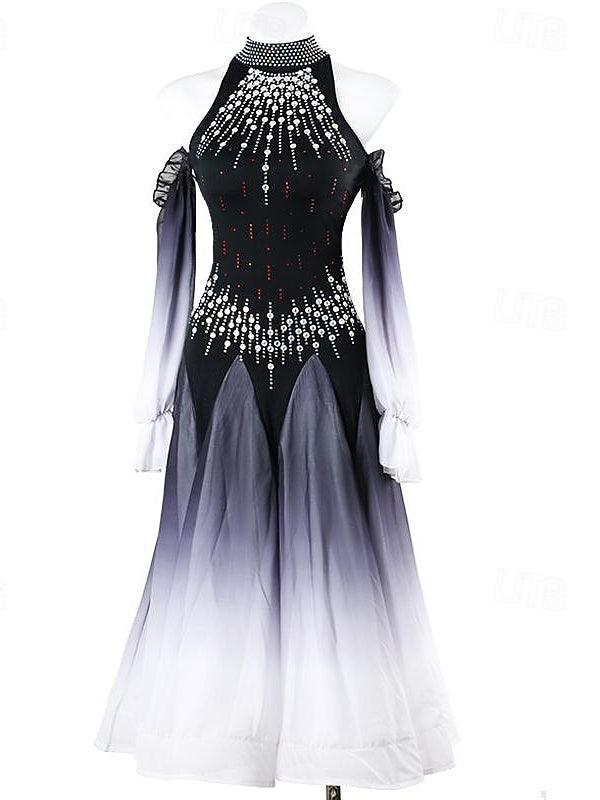 Robe de Danse de Salon pour Femmes, Tenue de Danse de Salon à Strass, Manches Longues pour Femmes