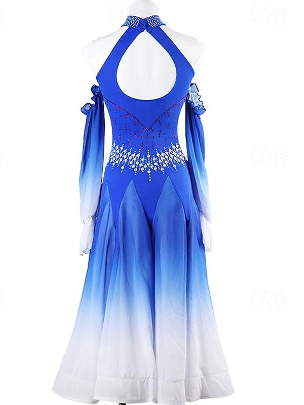 Robe de Danse de Salon pour Femmes, Tenue de Danse de Salon à Strass, Manches Longues pour Femmes