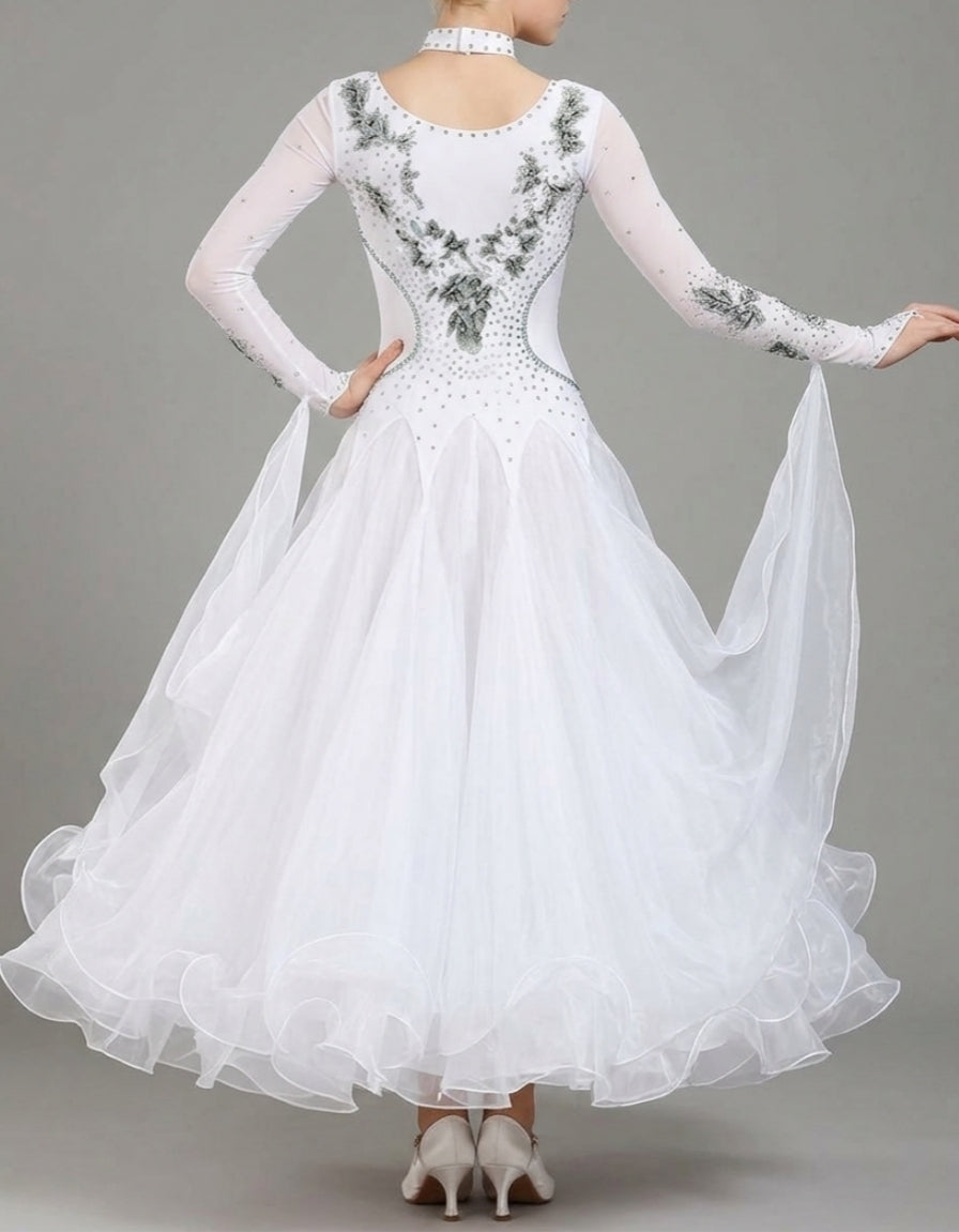 Robe de Danse de Salon pour Femmes, Broderies, Cristaux/Strass, Entraînement de Performance pour Femmes, Manches Longues