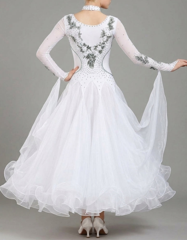 Robe de Danse de Salon pour Femmes, Broderies, Cristaux/Strass, Entraînement de Performance pour Femmes, Manches Longues