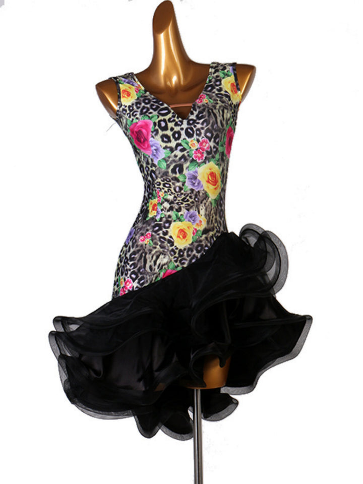 Robe de Danse Latine Salsa à Volants en Cascade avec Fente pour Femme Sans Manches