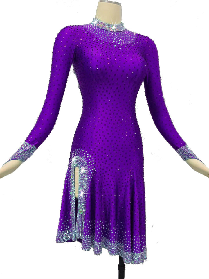 Robe de danse latine Cristaux/ Strass Femmes Entraînement Performance Manches Longues Spandex/Jazz