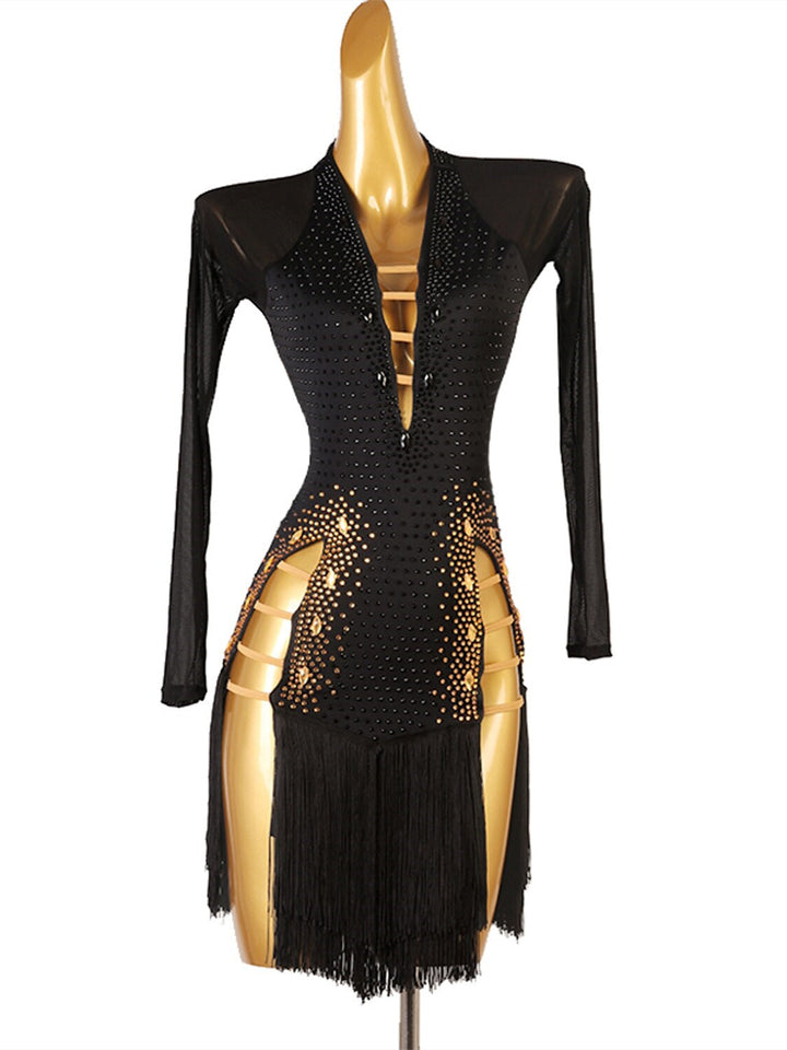 Robe de Danse Latine à Manches Longues avec Pampilles et Cristaux/Strass pour Femme, Tenue de Performance en Maille Chinlon