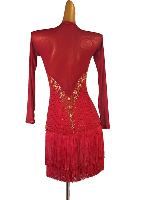 Robe de Danse Latine à Manches Longues avec Pampilles et Cristaux/Strass pour Femme, Tenue de Performance en Maille Chinlon