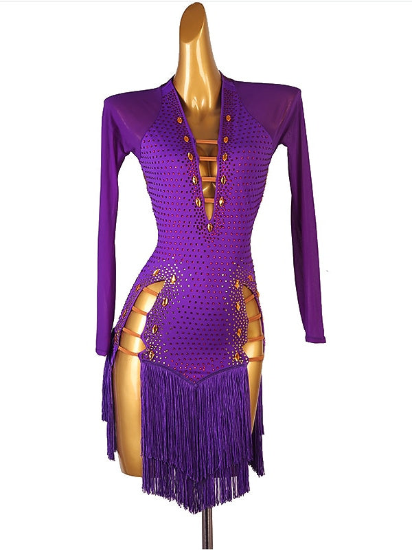Robe de Danse Latine à Manches Longues avec Pampilles et Cristaux/Strass pour Femme, Tenue de Performance en Maille Chinlon