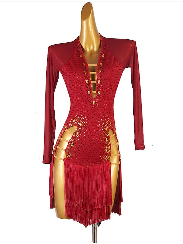Robe de Danse Latine à Manches Longues avec Pampilles et Cristaux/Strass pour Femme, Tenue de Performance en Maille Chinlon