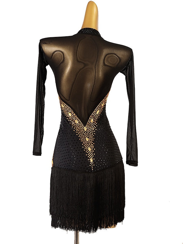 Robe de Danse Latine à Manches Longues avec Pampilles et Cristaux/Strass pour Femme, Tenue de Performance en Maille Chinlon