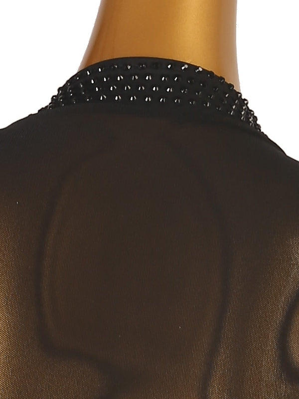 Robe de Danse Latine à Manches Longues avec Pampilles et Cristaux/Strass pour Femme, Tenue de Performance en Maille Chinlon