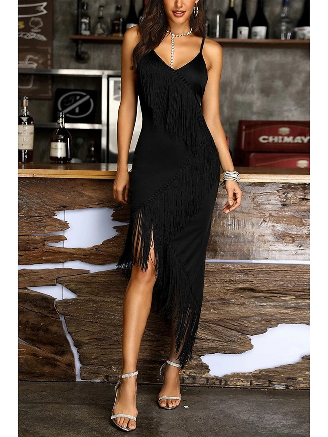 Robe de Danse Latine à Pompons de Couleur Pure pour Femme, Vêtements de Danse de Performance Sans Manches en Polyester