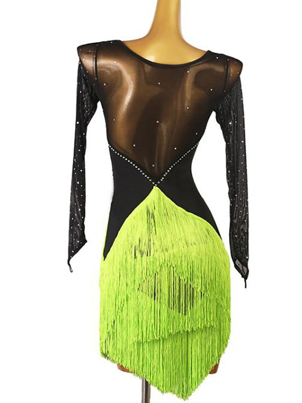 Robe de Danse Latine à Pompons, Cristaux/Strass de Couleur Pure, pour Femme, Performance, Soirée, Manches Longues, Maille, Élasthanne