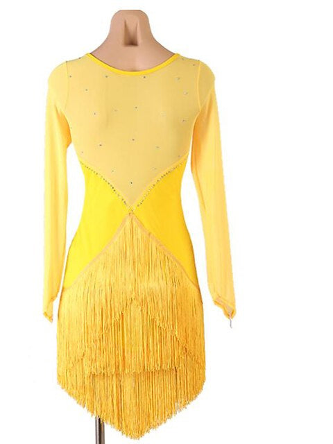 Robe de Danse Latine à Pompons, Cristaux/Strass de Couleur Pure, pour Femme, Performance, Soirée, Manches Longues, Maille, Élasthanne