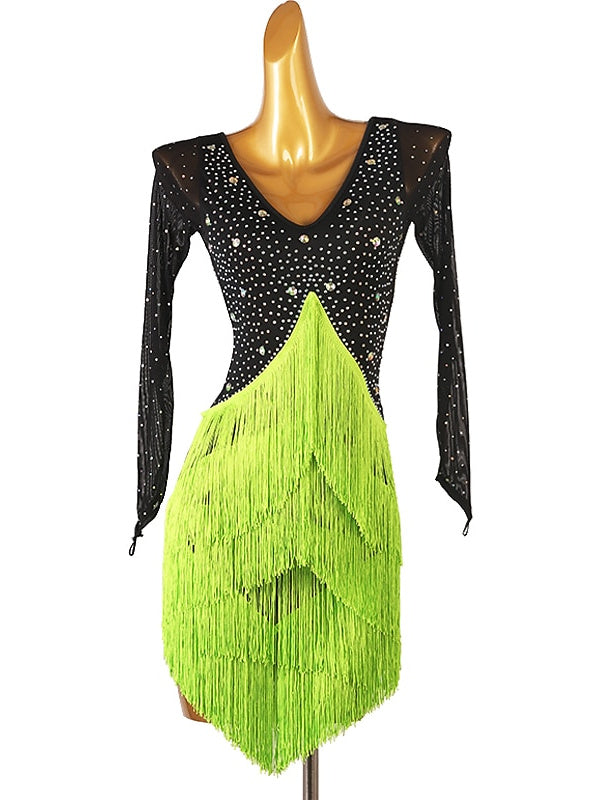 Robe de Danse Latine à Pompons, Cristaux/Strass de Couleur Pure, pour Femme, Performance, Soirée, Manches Longues, Maille, Élasthanne