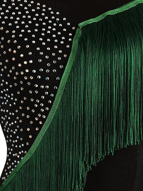 Robe de Danse Latine à Pampilles et Strass pour Femme, Tenue de Performance à Manches Longues en Élasthanne et Organza