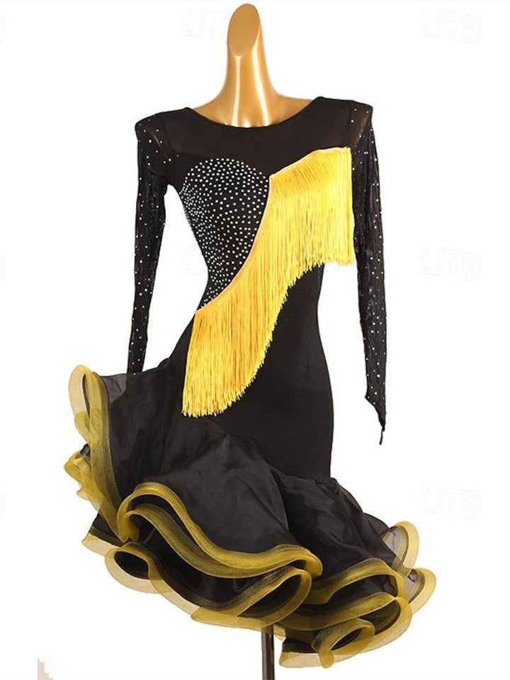 Robe de Danse Latine à Pampilles et Strass pour Femme, Tenue de Performance à Manches Longues en Élasthanne et Organza
