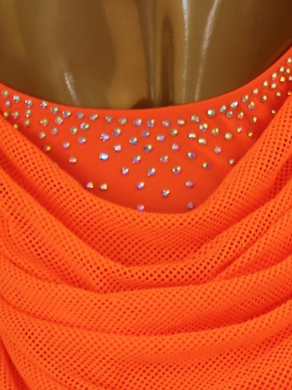 Robe de Danse Latine à Pompons et Strass pour Femme, Tenue de Performance Sans Manches, Haut en Élasthanne