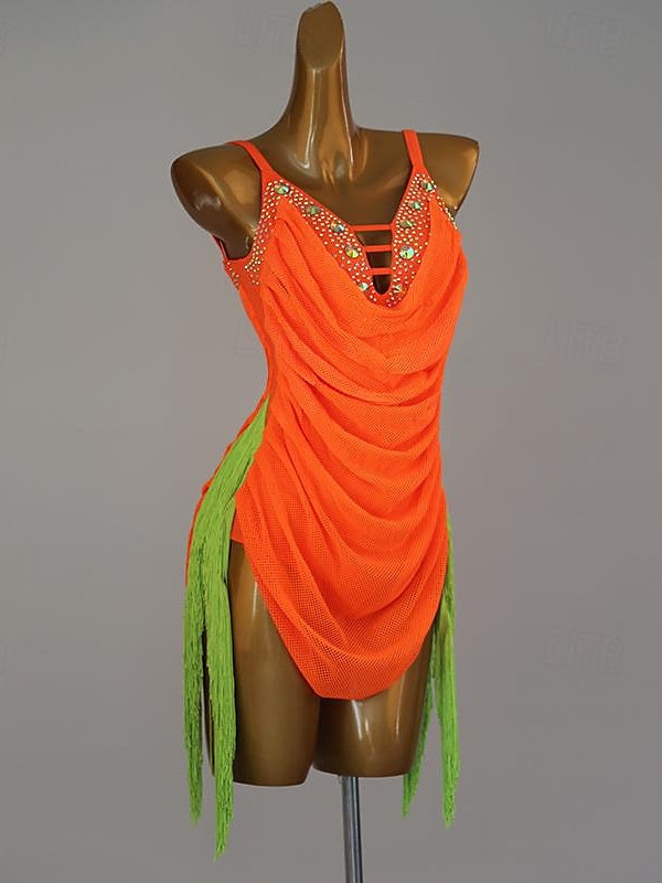 Robe de Danse Latine à Pompons et Strass pour Femme, Tenue de Performance Sans Manches, Haut en Élasthanne