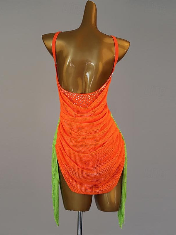 Robe de Danse Latine à Pompons et Strass pour Femme, Tenue de Performance Sans Manches, Haut en Élasthanne