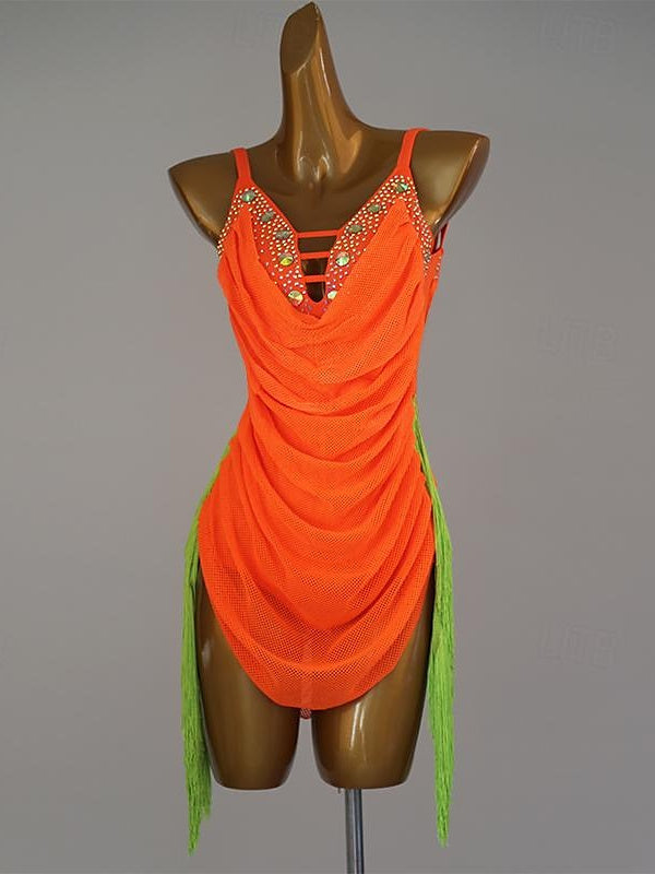 Robe de Danse Latine à Pompons et Strass pour Femme, Tenue de Performance Sans Manches, Haut en Élasthanne