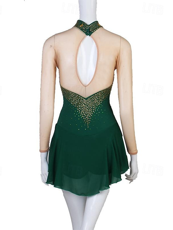 Robe De Danse Latine À Manches Longues Et Strass Pour Femme, Tenue De Performance, En Spandex Et Tulle