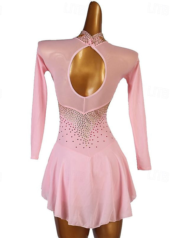 Robe De Danse Latine À Manches Longues Et Strass Pour Femme, Tenue De Performance, En Spandex Et Tulle